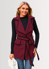 PRETTYGARDEN Women's Tweed Vest Jackets Sleeveless Lapel Button Front Belt Color Block Winter Cardigan Outerwear