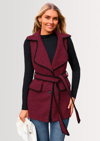 PRETTYGARDEN Women's Tweed Vest Jackets Sleeveless Lapel Button Front Belt Color Block Winter Cardigan Outerwear