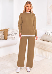 PRETTYGARDEN Two Piece Matching Sweater Lounge Sets Knit Long Sleeve Pullover Tops Wide Leg Pants