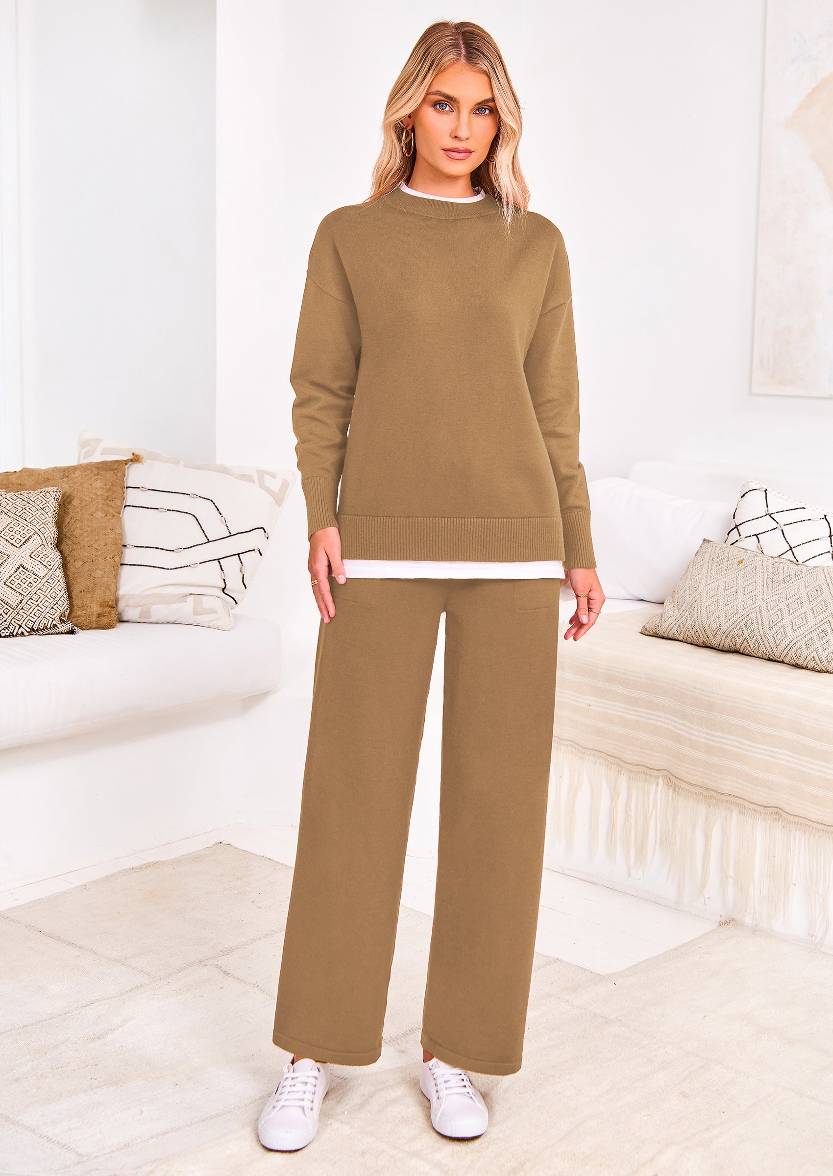 PRETTYGARDEN Two Piece Matching Sweater Lounge Sets Knit Long Sleeve Pullover Tops Wide Leg Pants