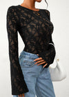 PRETTYGARDEN Womens Lace Long Bell Sleeve Tops Fall Sexy See Through Sheer Floral Blouse Shirt Fitted Going Out Outfits