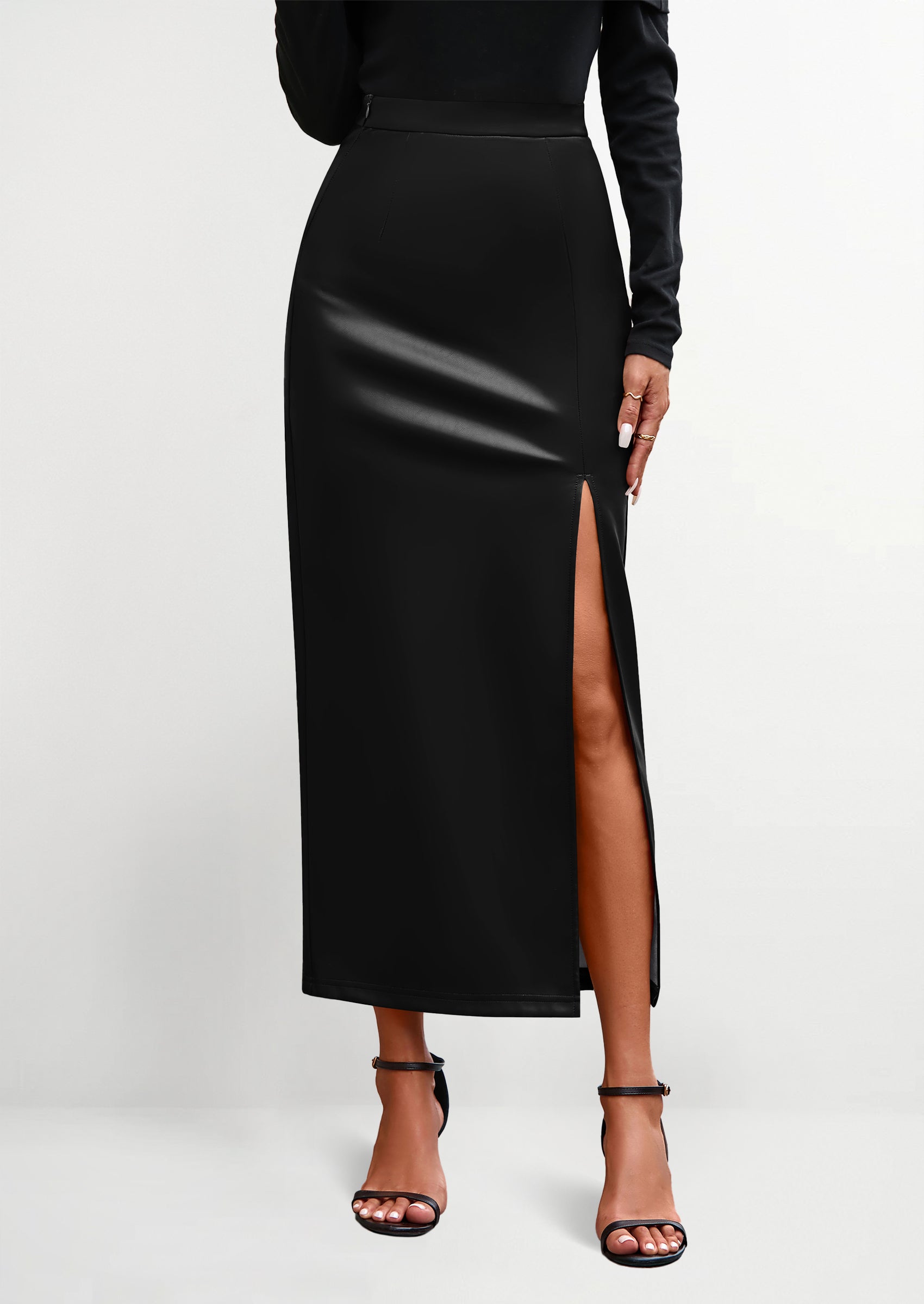 PRETTYGARDEN Womens Faux Leather Skirt Fall Bodycon High Waisted Slit Dressy Casual Winter Maxi Long Pencil Skirts