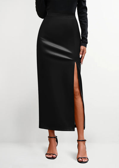 PRETTYGARDEN Womens Faux Leather Skirt Fall Bodycon High Waisted Slit Dressy Casual Winter Maxi Long Pencil Skirts