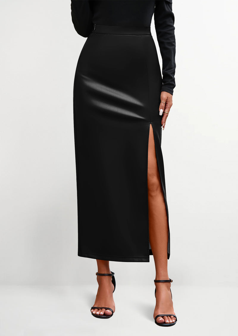 PRETTYGARDEN Womens Faux Leather Skirt Fall Bodycon High Waisted Slit Dressy Casual Winter Maxi Long Pencil Skirts