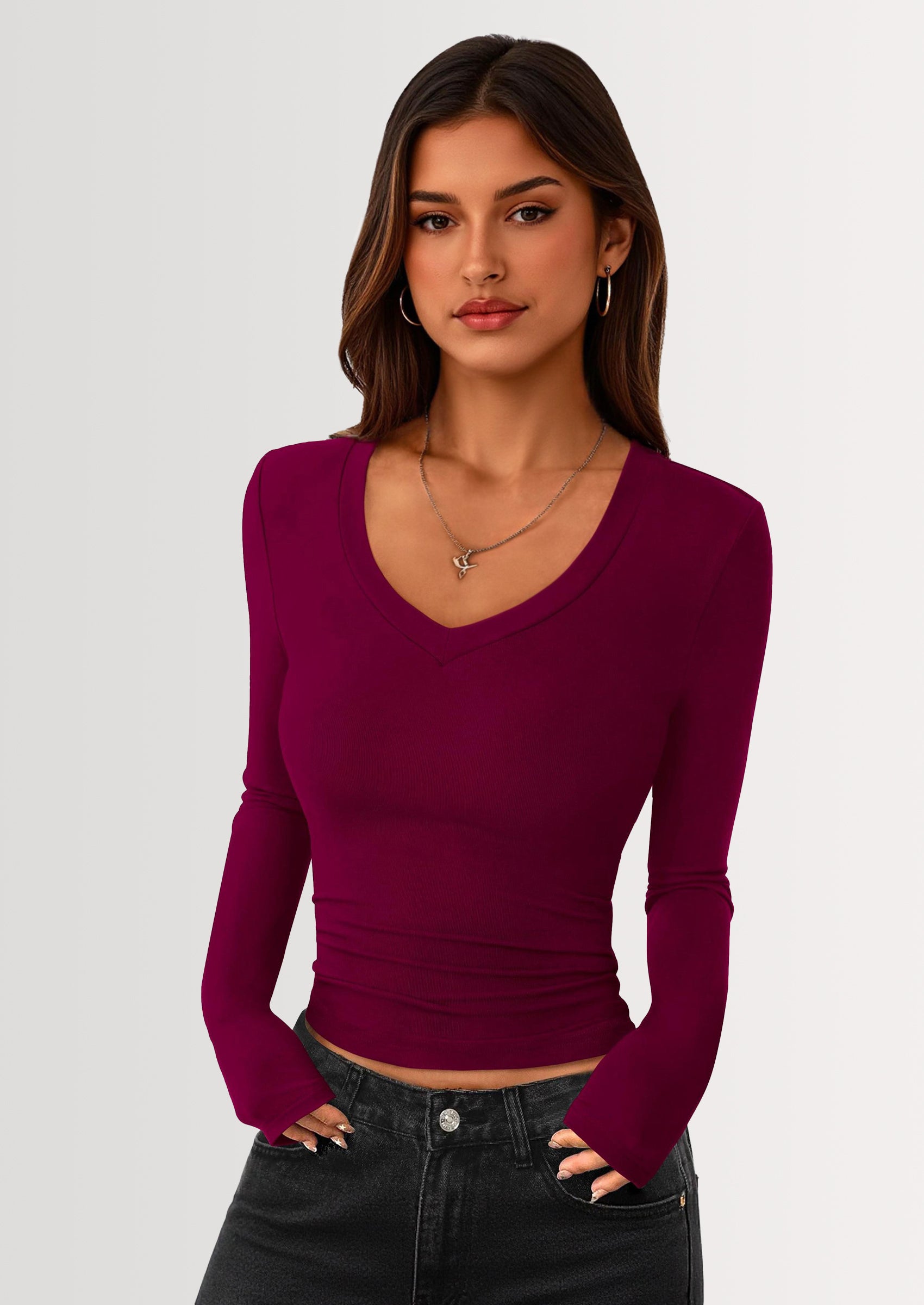 PRETTYGARDEN Womens Long Sleeve T Shirts Fall Trendy Deep V Neck Slim Fit Basic Crop Tops Casual Going Out Top