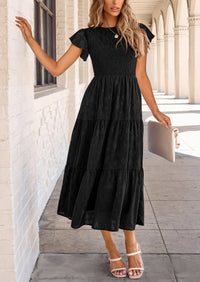 Floral  Summer Cap Sleeve Smocked Ruffle A Line Long Flowy Wedding Guest Midi Dresses