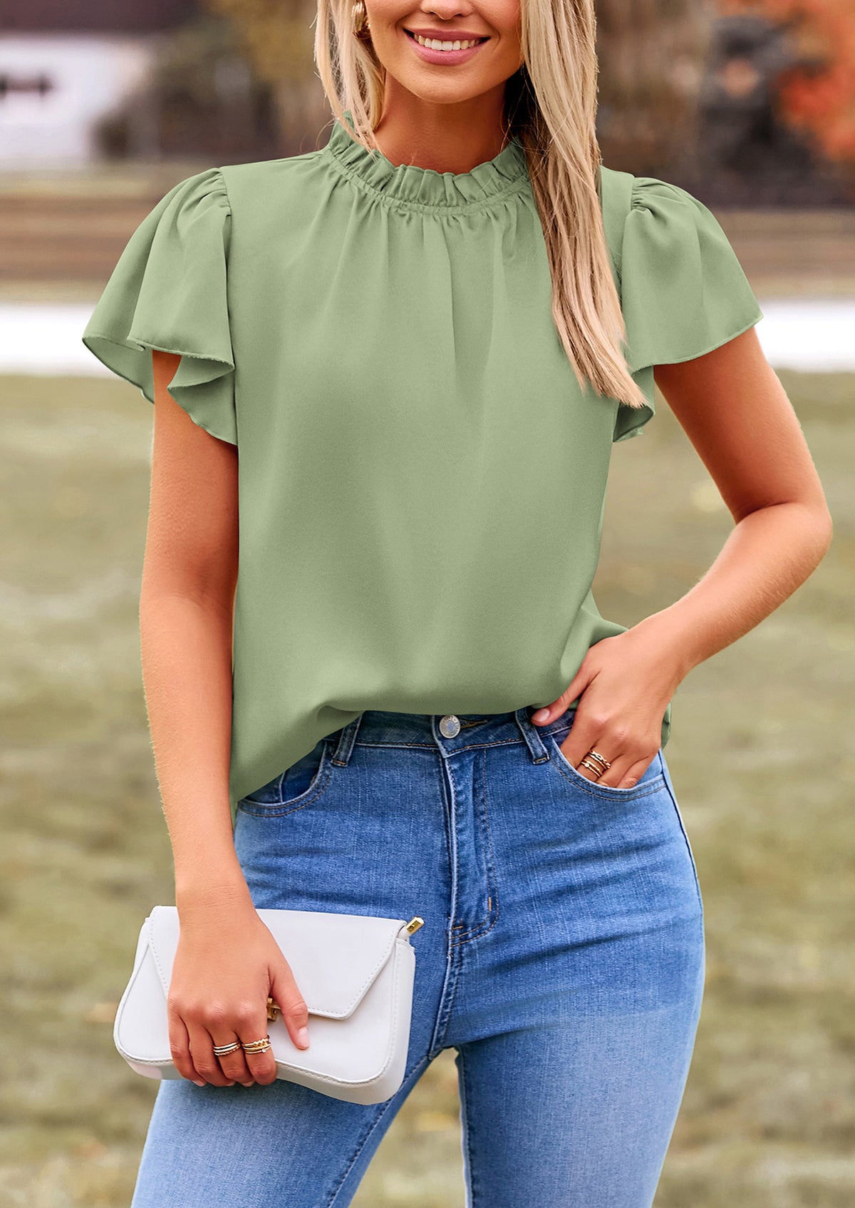 Satin Dressy Casual Ruffle Short Sleeve Crew Neck Work Party Blouses