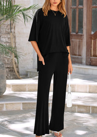 Casual Slit Short Sleeved Top, Loose Wide Leg Pants Two-Piece Set