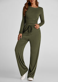 Long Sleeve Crop Tee Wide Leg Pants Two Piece Sets