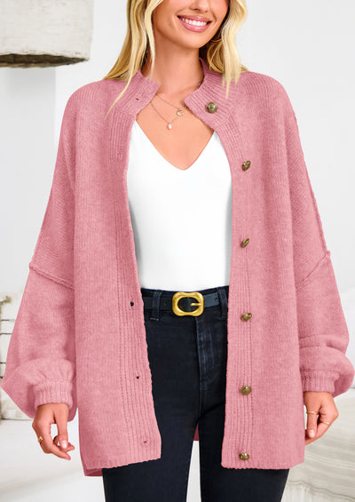 PRETTYGARDEN Women's Winter Button Down Cardigan Sweaters Mock Neck Lantern Long Sleeve Chunky Knit Jacket Trendy Outerwear