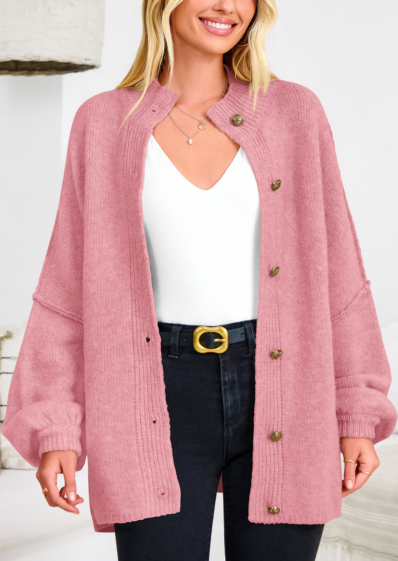 PRETTYGARDEN Women's Winter Button Down Cardigan Sweaters Mock Neck Lantern Long Sleeve Chunky Knit Jacket Trendy Outerwear