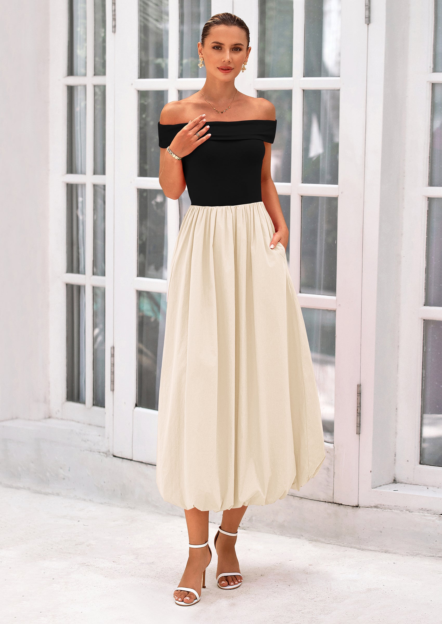 PRETTYGARDEN Womens Summer Off Shoulder Sleeveless Midi Dress Cocktail A Line Flowy Wedding Guest Dresses with Pockets