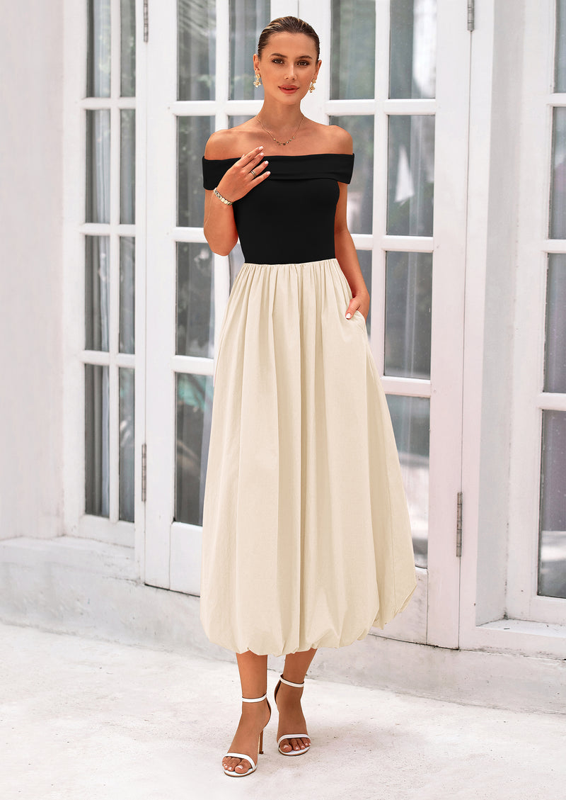PRETTYGARDEN Womens Summer Off Shoulder Sleeveless Midi Dress Cocktail A Line Flowy Wedding Guest Dresses with Pockets