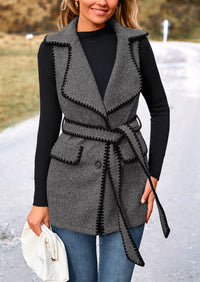 Tweed Sleeveless Lapel Button Front Belt Color Block Vest Jackets