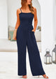 Linen Smocked Spaghetti Strap Pockets Wide Leg Jumpsuits