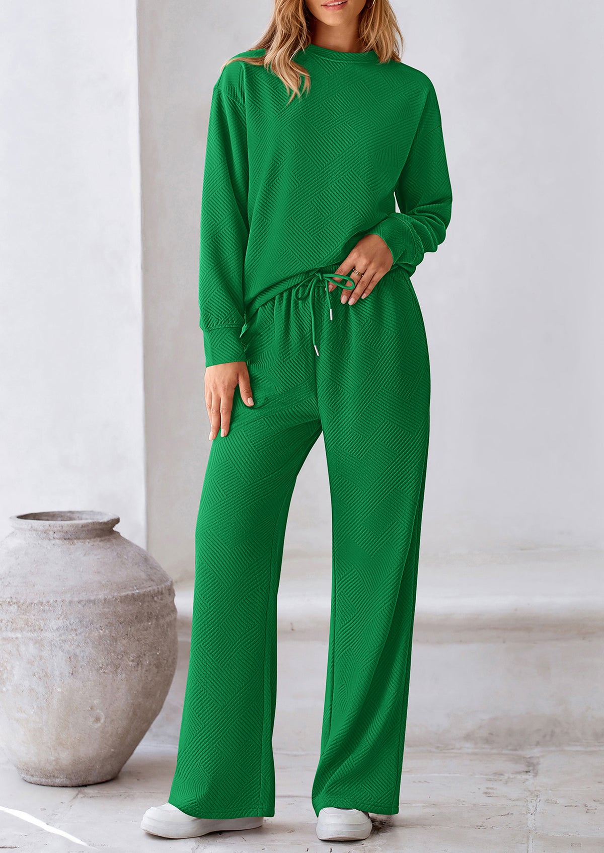 Casual Long Sleeve Pullover Tops and Wide Leg Pants Knitted Two Piece Sets