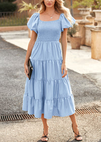 Casual Short Sleeved Square Neck Layered Pleated Dress