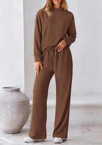 Casual Long Sleeve Pullover Tops and Wide Leg Pants Knitted Two Piece Sets
