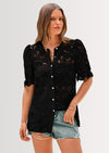 PRETTYGARDEN Womens Spring Lace Tops Short Puff Sleeve Casual Dressy Blouses Eyelet Crew Neck Button Down Shirts