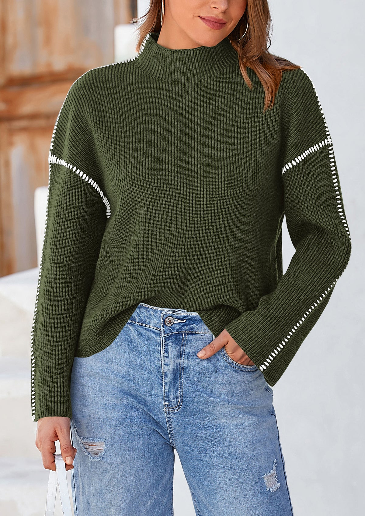 Chunky Knit  Casual Long Sleeve Mock Neck Oversized Loose Sweaters
