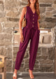 Cotton Deep V Neck Button Front Cropped Vest Pants With Pockets Two Piece Sets