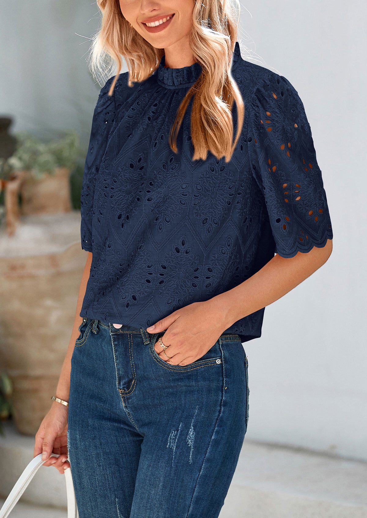 Short Sleeve Eyelet Embroidered Dressy Casual Blouse