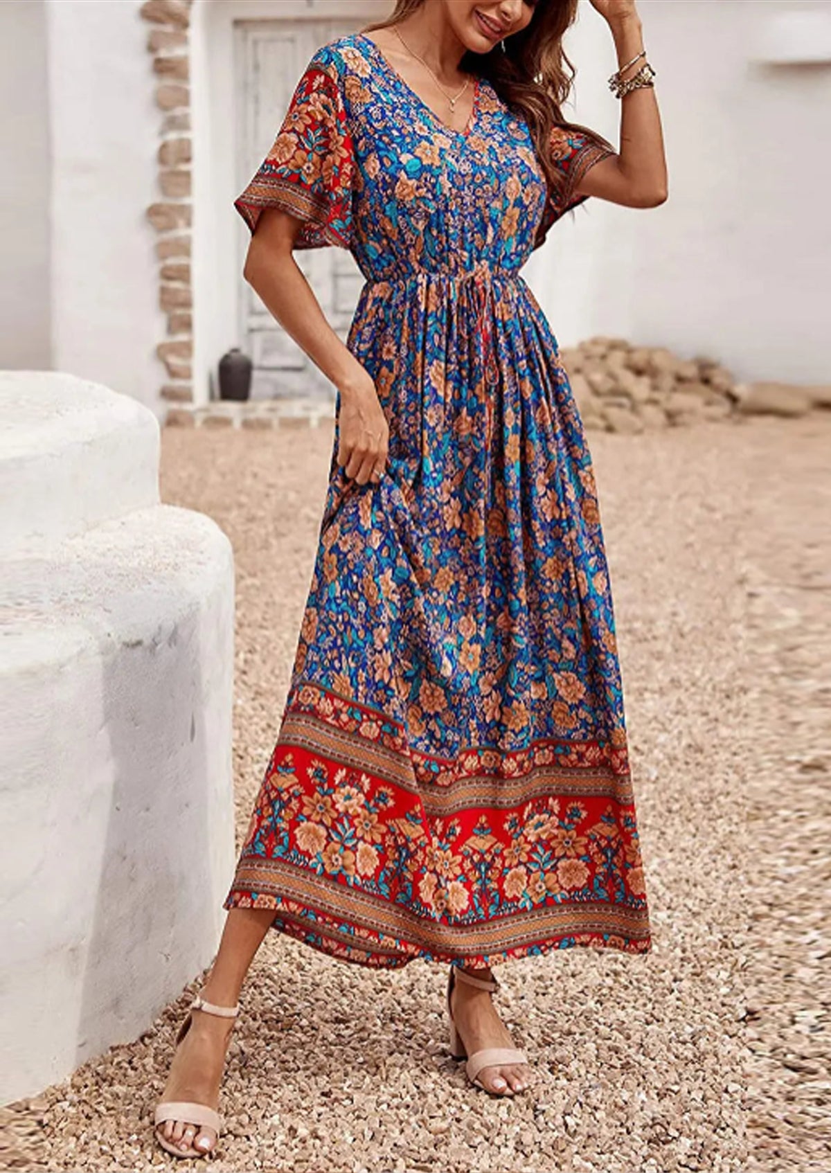 V Neck Floral Print Summer Boho High Waist Long Dresses