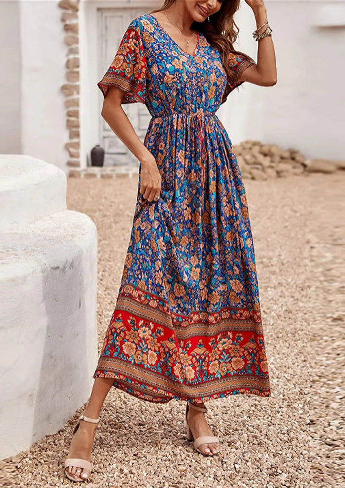 V Neck Floral Print Summer Boho High Waist Long Dresses