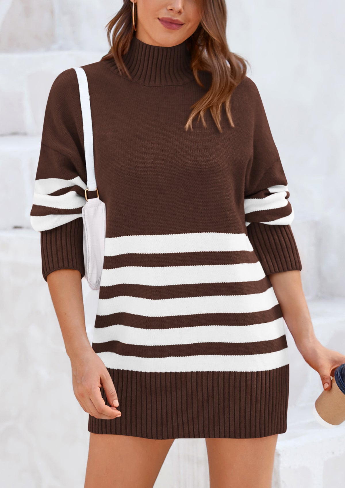Striped Turtleneck Long Sleeve Loose Fit Chunky Knit Casual Mini Sweater Dresses