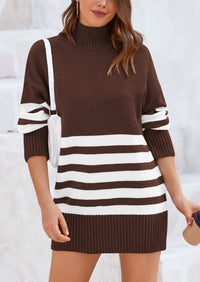 Striped Turtleneck Long Sleeve Loose Fit Chunky Knit Casual Mini Sweater Dresses