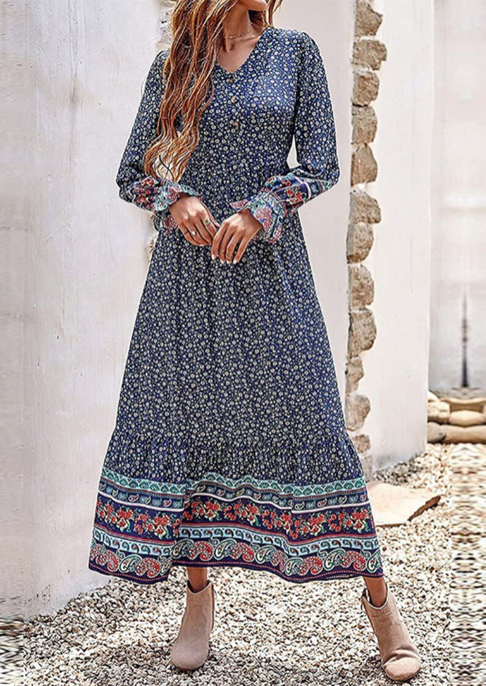 V Neck Boho Floral Print Fall Maxi Dress