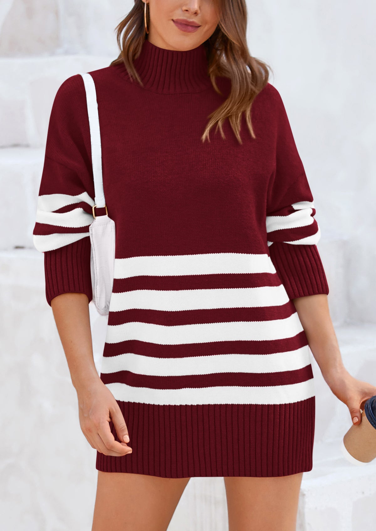 Striped Turtleneck Long Sleeve Loose Fit Chunky Knit Casual Mini Sweater Dresses