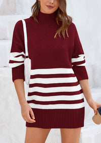 Striped Turtleneck Long Sleeve Loose Fit Chunky Knit Casual Mini Sweater Dresses