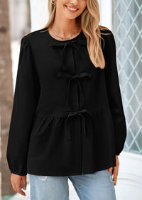 Babydoll Peplum Puff Long Sleeve Bow Tie Front Y2K Blouses