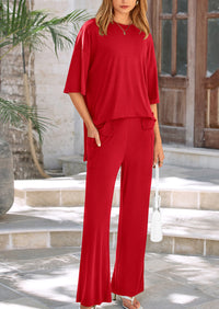 Short Sleeve Pullover Tops And Wide Leg Pants Two Piece Sets