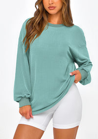 Long Sleeve Casual Loose Crew Neck Ribbed Blouse