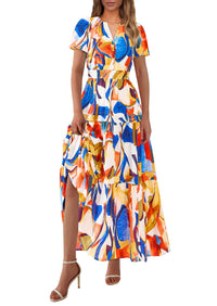 Boho Floral Short Sleeve V Neck A Line Tiered Ruffle Flowy Long Beach Vacation Maxi Dresses