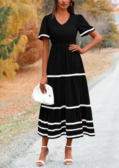 PRETTYGARDEN Women's Casual Summer Maxi Dress Short Sleeve Swiss Dot V Neck Smocked Long Flowy Beach Dresses