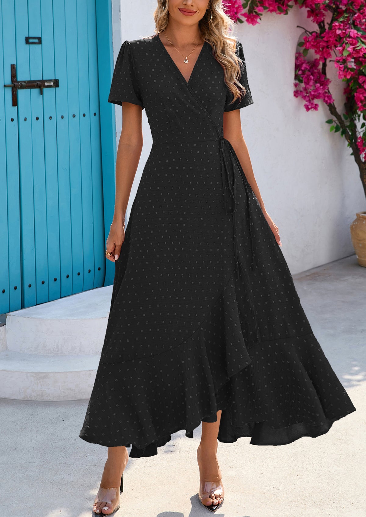 Leisure Bohemian Flower V-Neck Short Sleeved Ruffled Beach Long Skirt