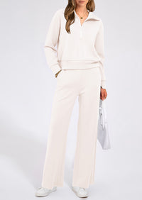 Flip Collar Half Zip Top And Wide Leg Pants Casual Two-Piece Set