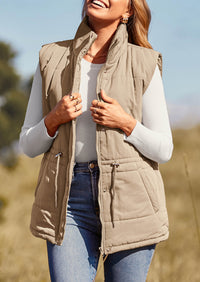 Casual Button Zipper Vest, Drawstring Sleeveless Jacket