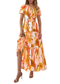 Boho Floral Short Sleeve V Neck A Line Tiered Ruffle Flowy Long Beach Vacation Maxi Dresses