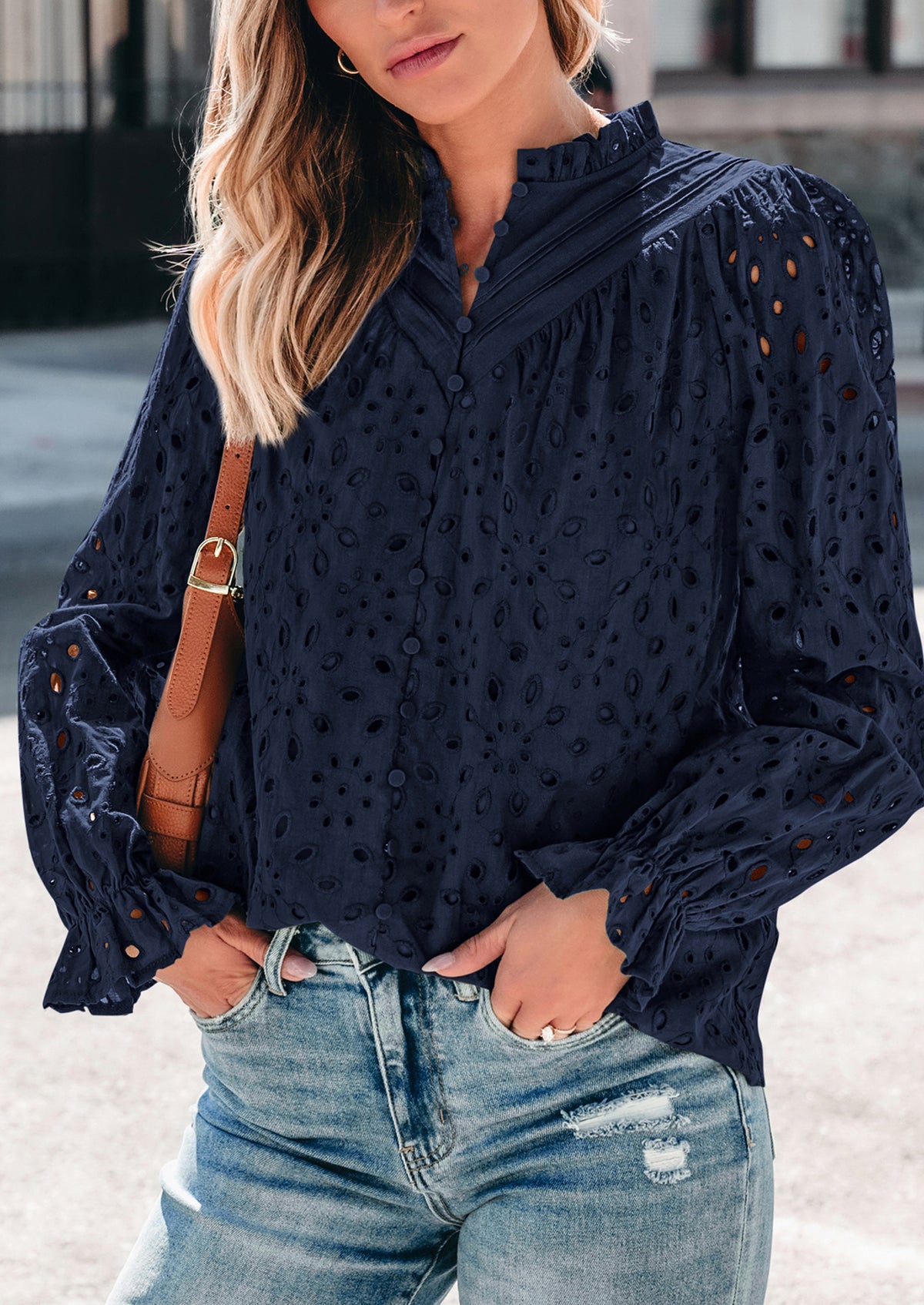 Puff Long Sleeve Button V Neck Hollow Out Lace Embroidered Casual Pullover Blouses