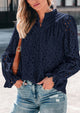 Puff Long Sleeve Button V Neck Hollow Out Lace Embroidered Casual Pullover Blouses