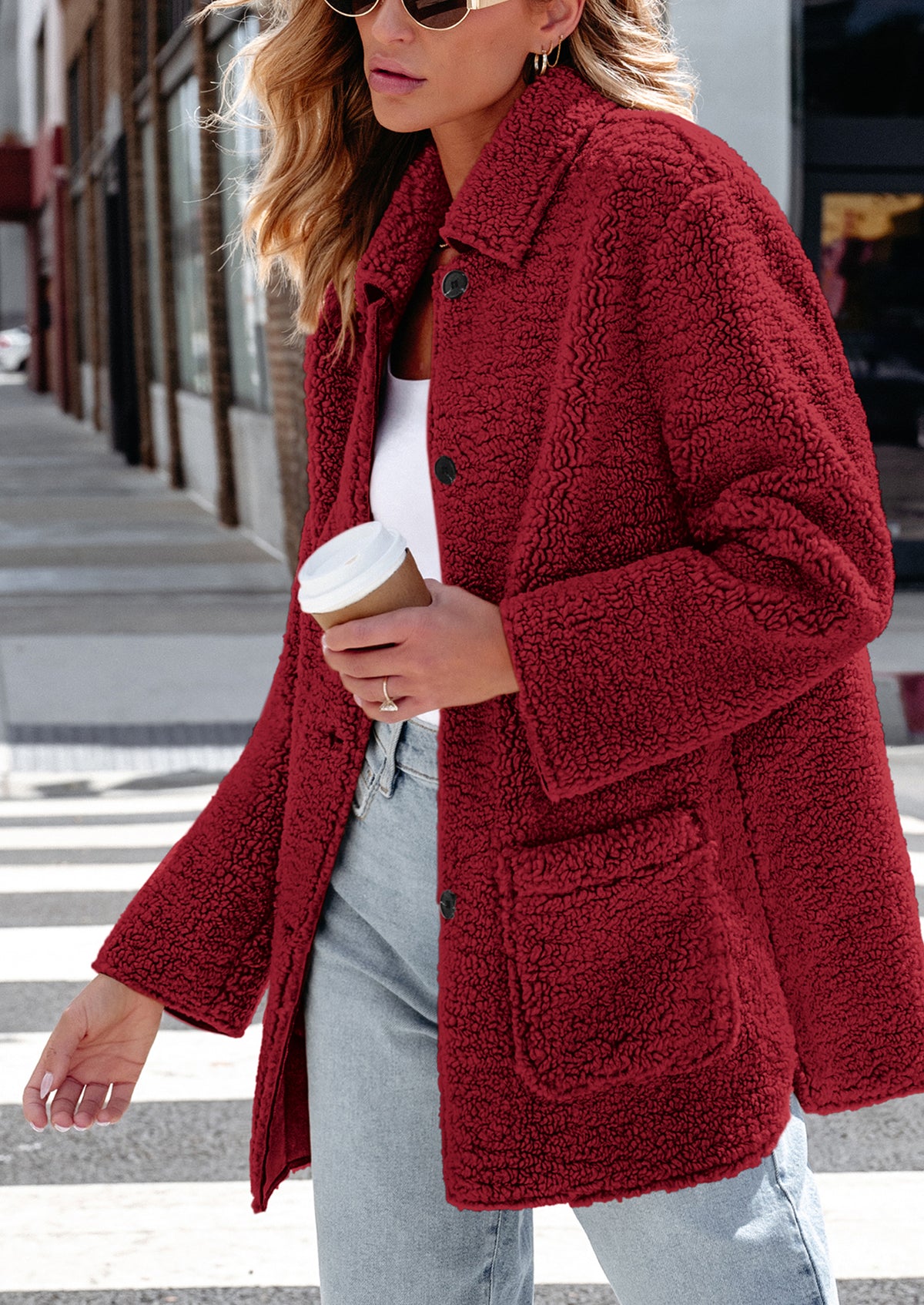 Long Sleeve Lapel Button Down Pockets Fleece Faux Fur Coats