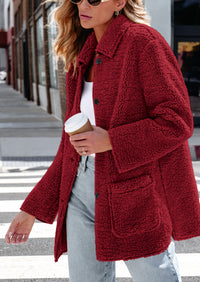 Long Sleeve Lapel Button Down Pockets Fleece Faux Fur Coats