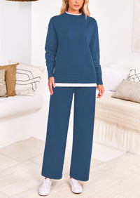 PRETTYGARDEN Two Piece Matching Sweater Lounge Sets Knit Long Sleeve Pullover Tops Wide Leg Pants