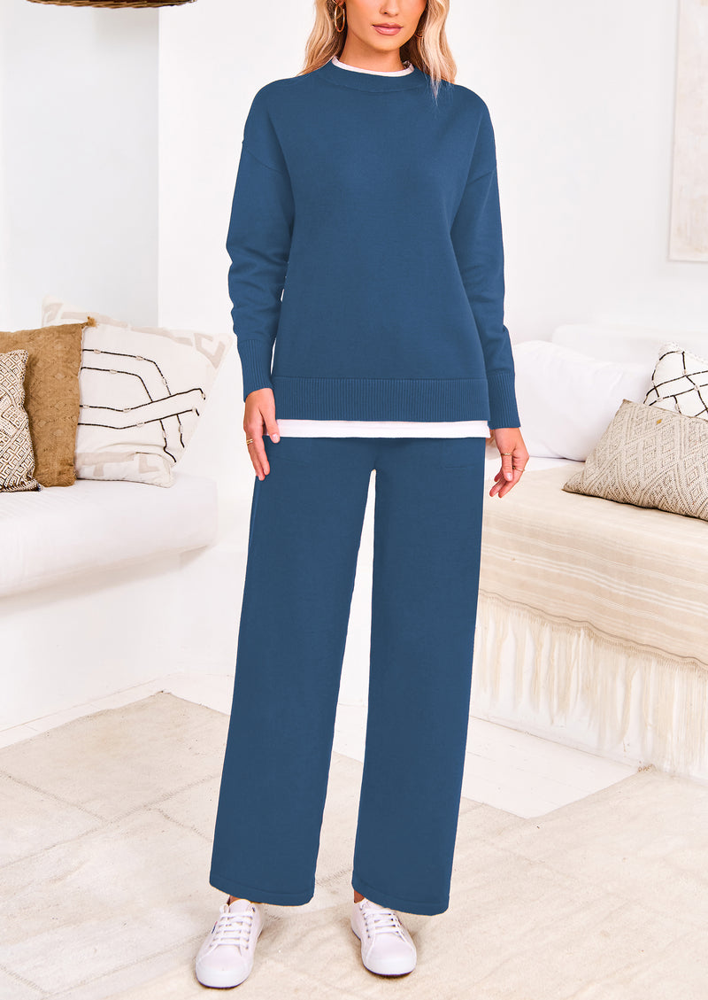 PRETTYGARDEN Two Piece Matching Sweater Lounge Sets Knit Long Sleeve Pullover Tops Wide Leg Pants
