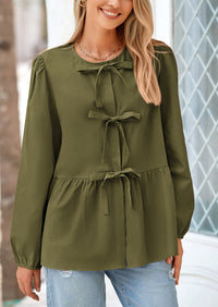 Babydoll Peplum Puff Long Sleeve Bow Tie Front Y2K Blouses