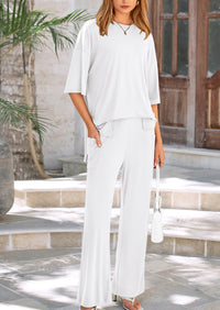 Short Sleeve Pullover Tops And Wide Leg Pants Two Piece Sets